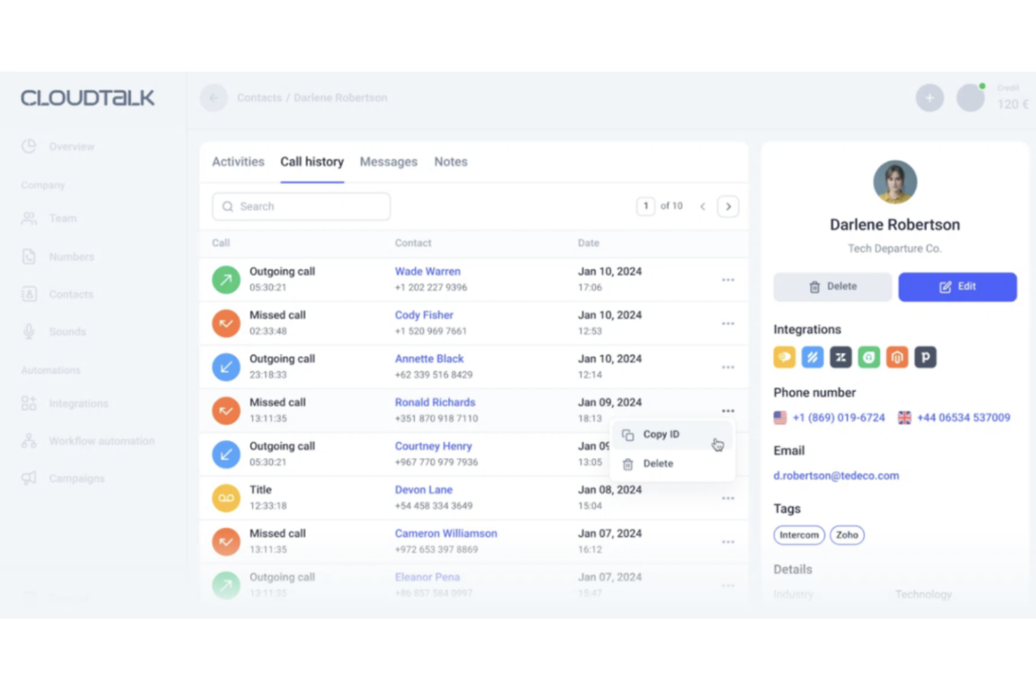 CloudTalk screenshot - 10 Mejores Programas de Gestión de Contactos Revisados en 2026