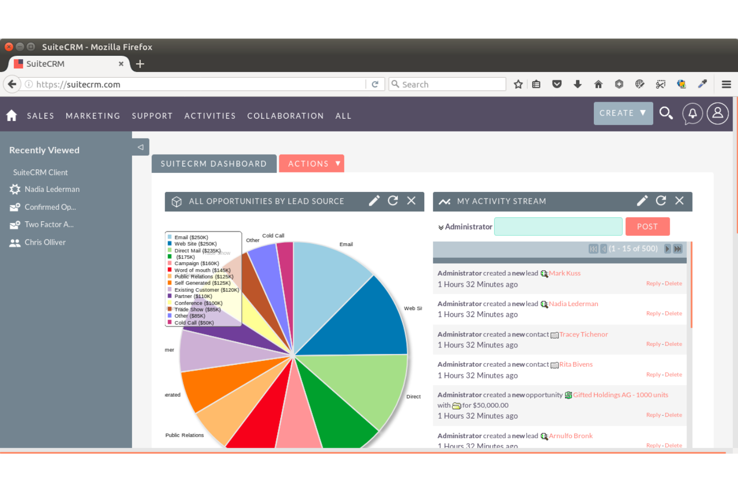 SuiteCRM screenshot - 10 Mejores Alternativas a SugarCRM Analizadas en 2026