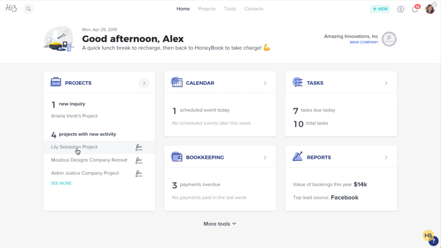 HoneyBook screenshot - I 23 migliori software CRM per il settore dei servizi nel 2026