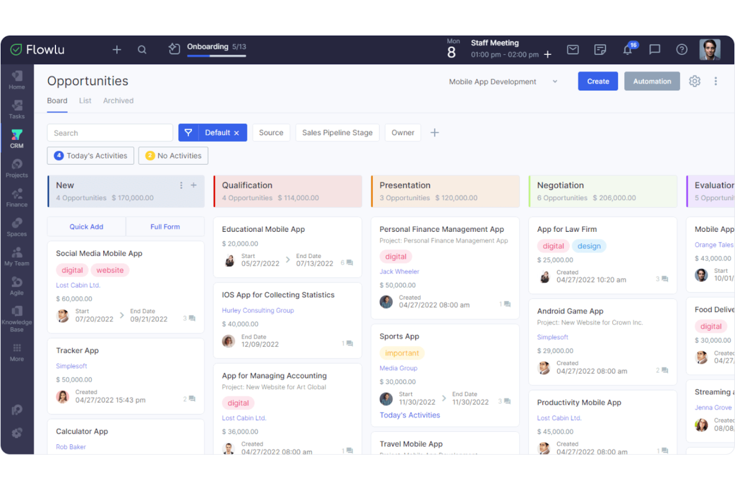 Flowlu screenshot - Le 10 migliori alternative a SugarCRM recensite nel 2026