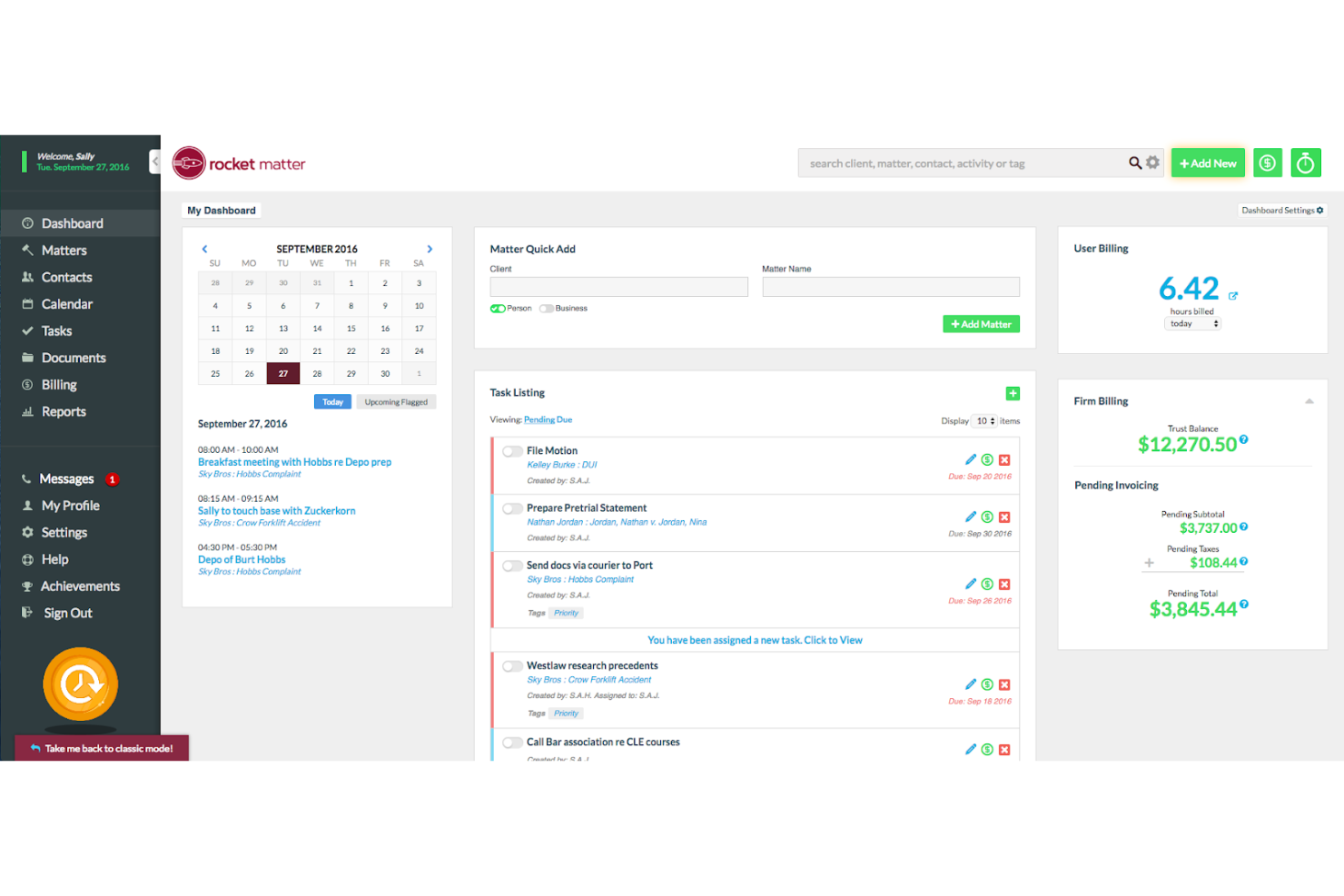 Rocket Matter screenshot - 10 mejores software CRM para bufetes de abogados revisados en 2026
