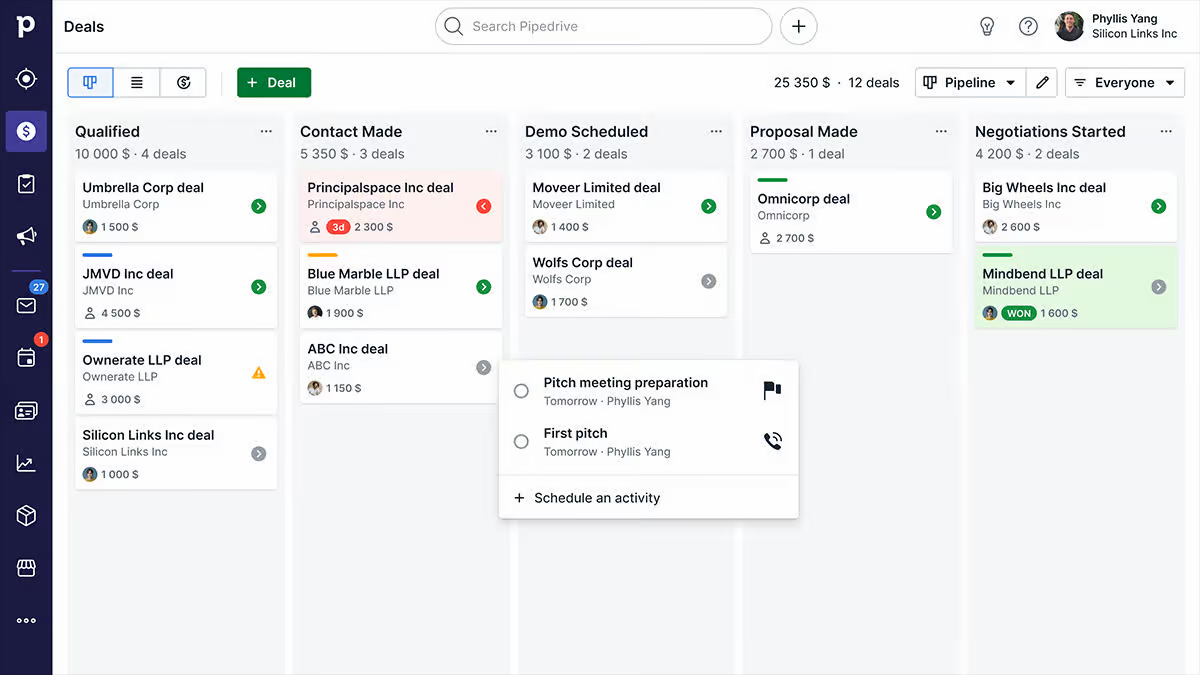 Pipedrive screenshot - 10 Mejores Programas CRM de Contabilidad Analizados en 2026