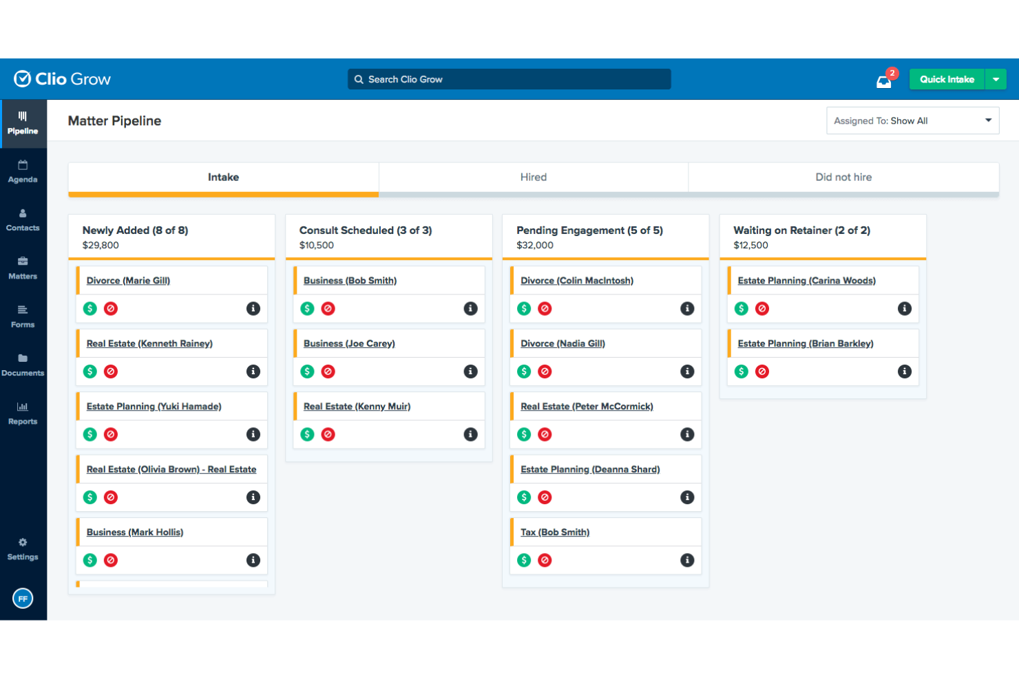 Clio Grow screenshot - 10 mejores software CRM para bufetes de abogados revisados en 2026