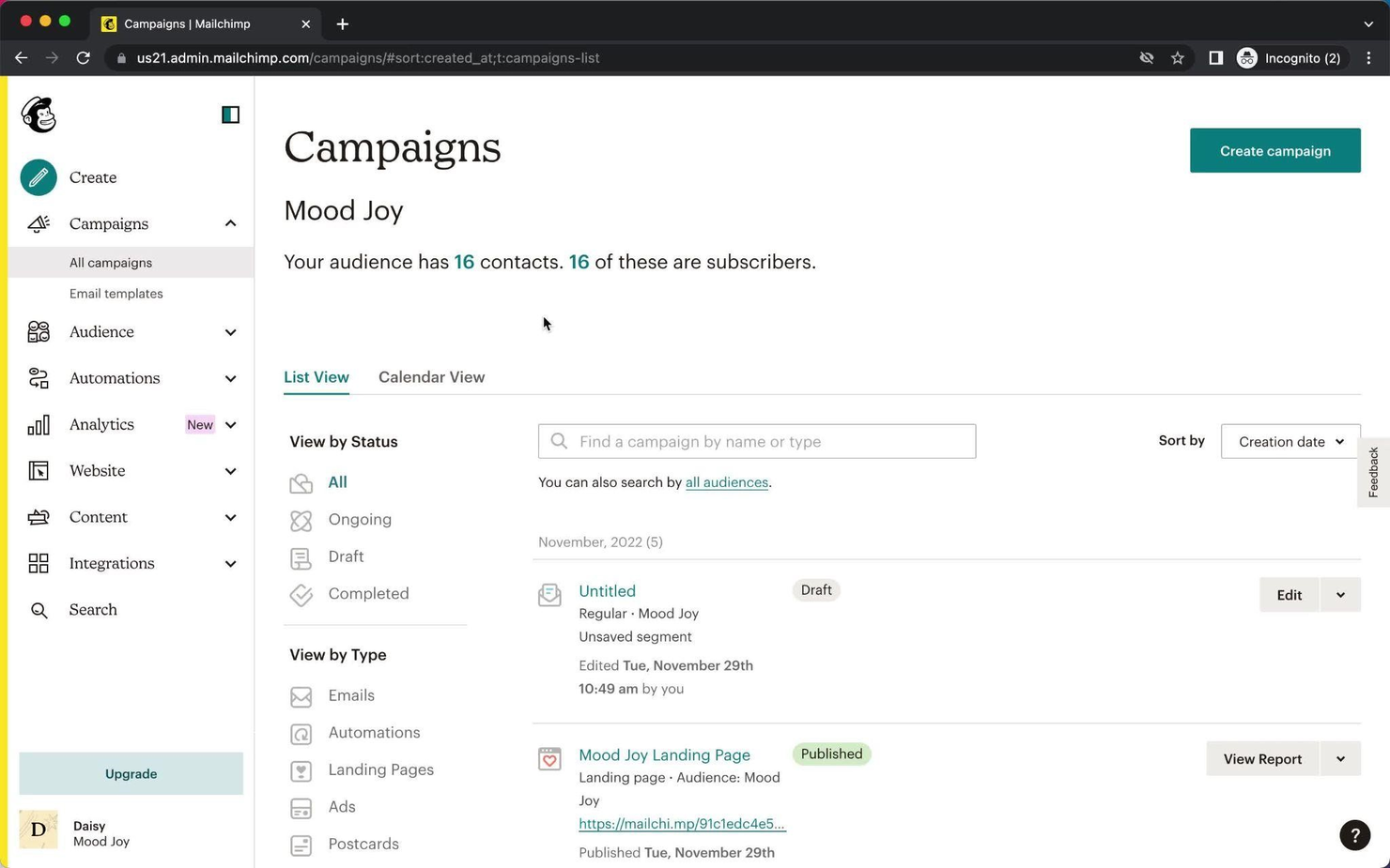 Mailchimp CRM screenshot - Le 10 migliori alternative a Highrise recensite nel 2026
