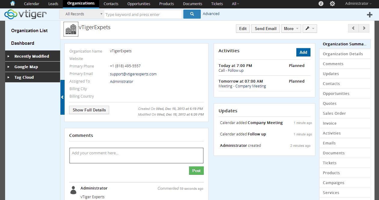 Vtiger screenshot - Los 10 mejores programas CRM bancarios analizados en 2026