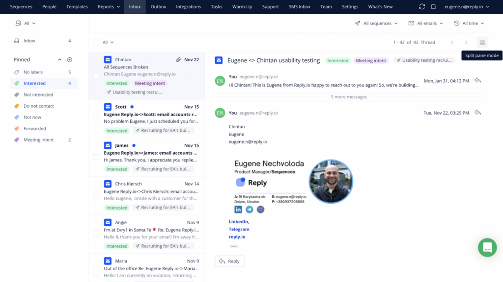 Reply screenshot - Las 10 mejores herramientas de prospección de ventas en 2026