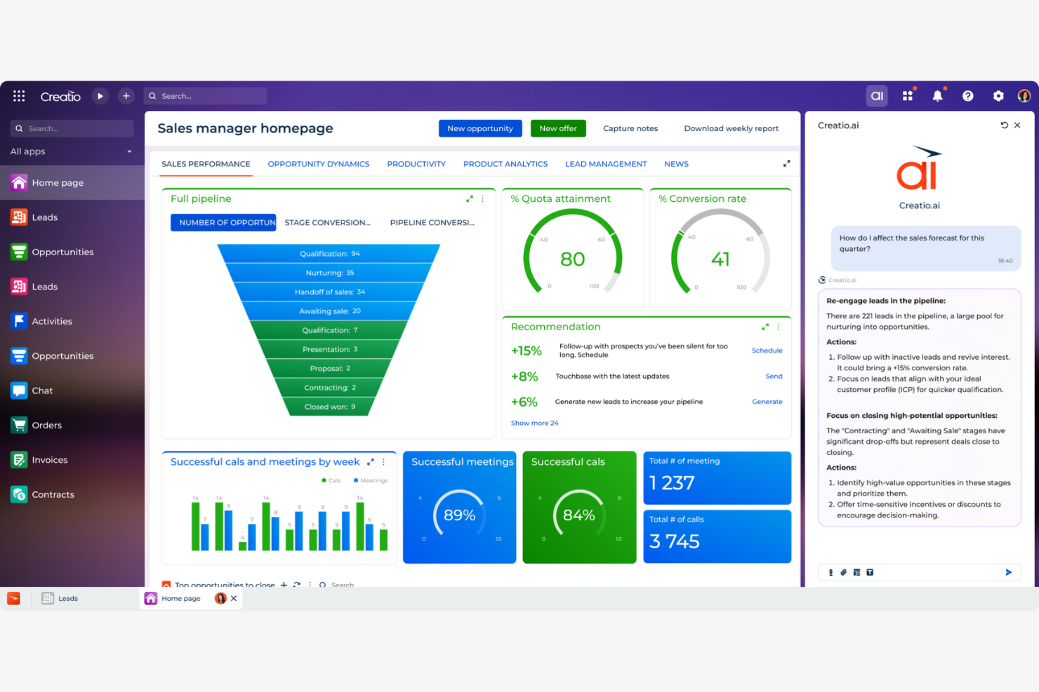 Creatio CRM screenshot - 10 Migliori Software di Previsione delle Vendite con Intelligenza Artificiale Recensiti nel 2026