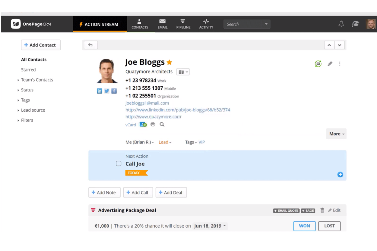 OnePageCRM screenshot - 10 Mejores Software Gratuitos de Seguimiento de Ventas Revisados en 2026
