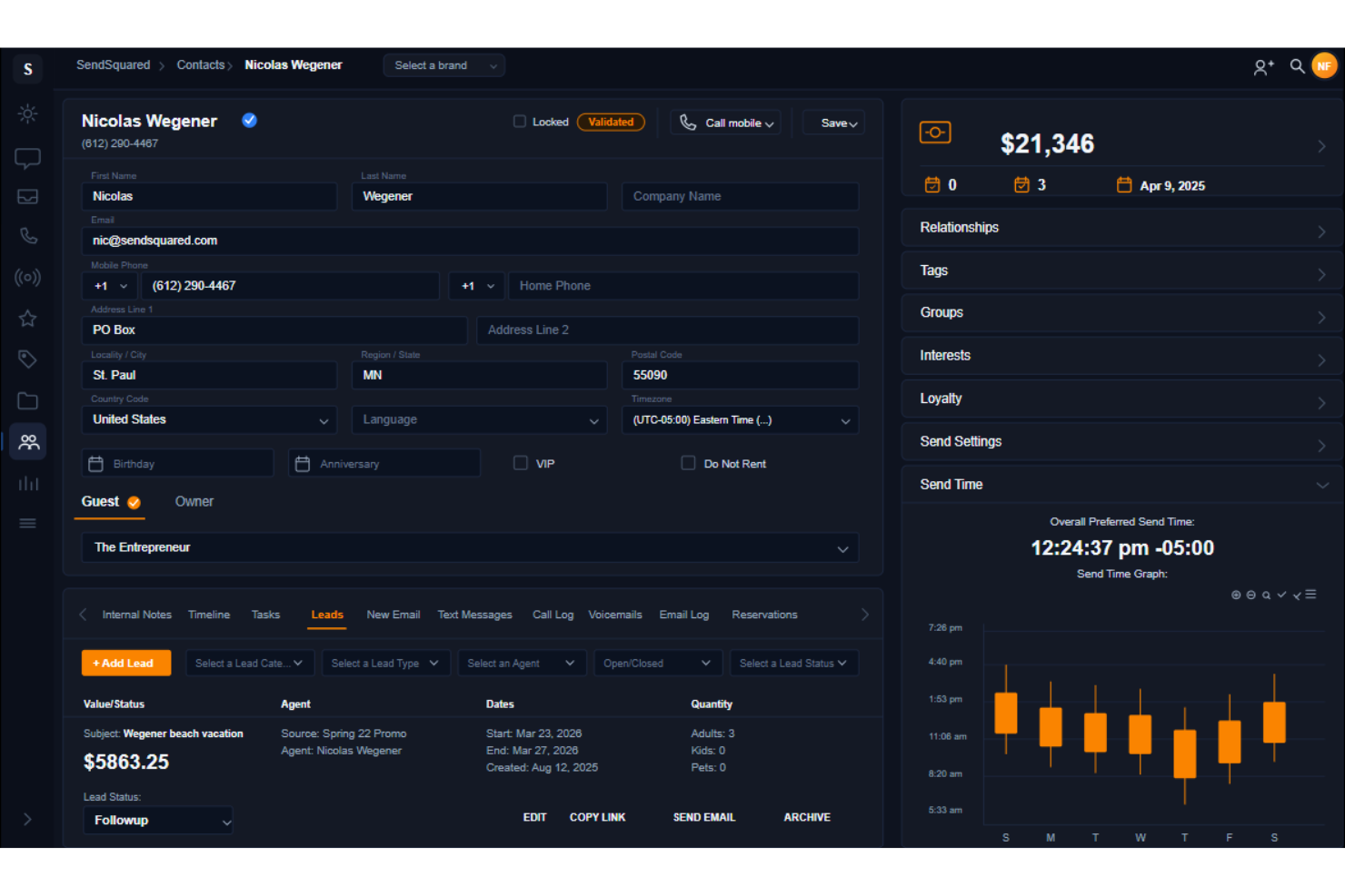 SendSquared screenshot - Le 10 migliori soluzioni software CRM per hotel recensite nel 2026