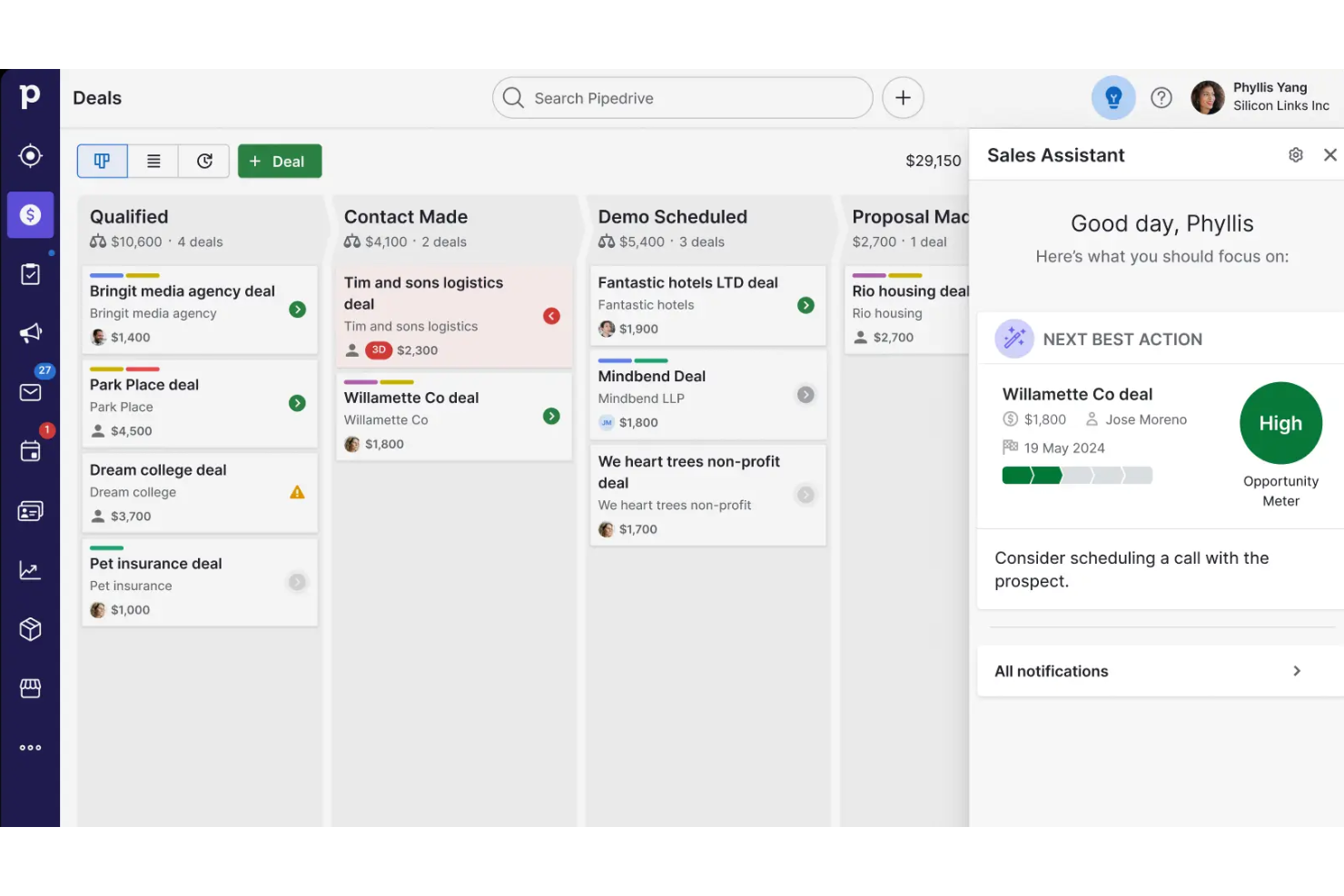 Pipedrive helps track deals, manage contacts, and automate sales tasks.