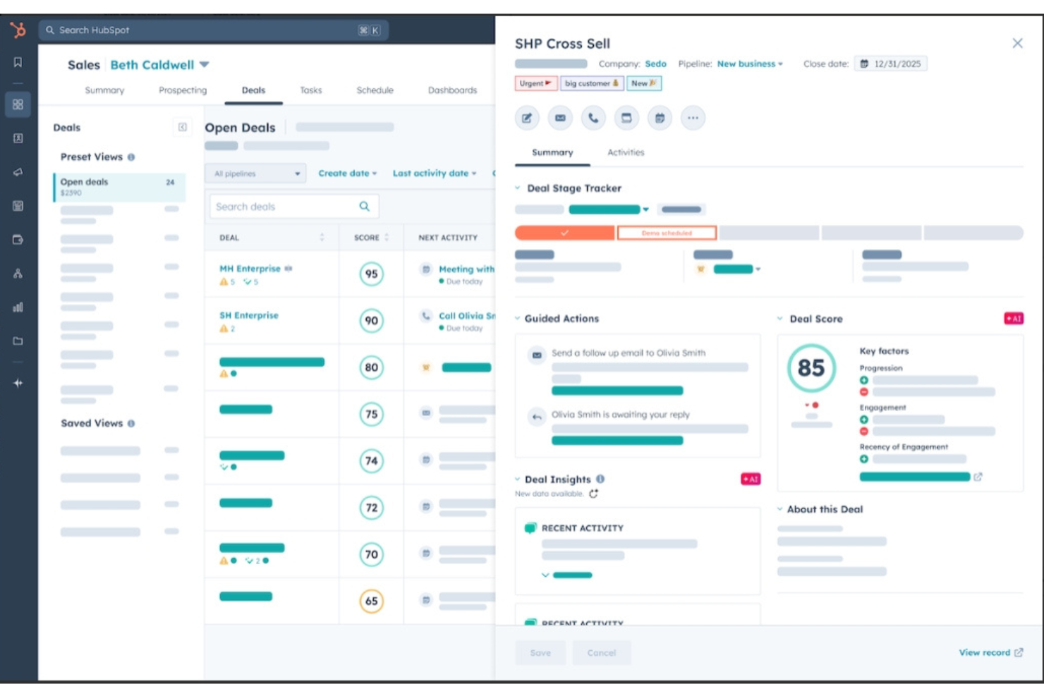 HubSpot centralizes deals, activities, insights, and pipeline tracking.