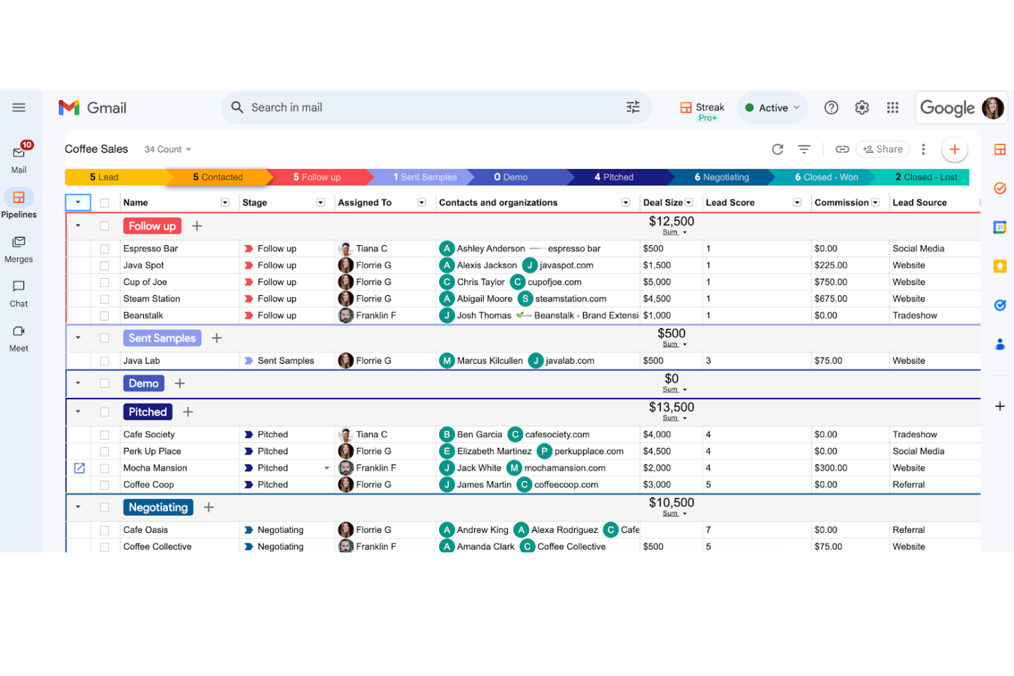 Streak centralizes pipelines, deals, contacts, and progress inside Gmail.