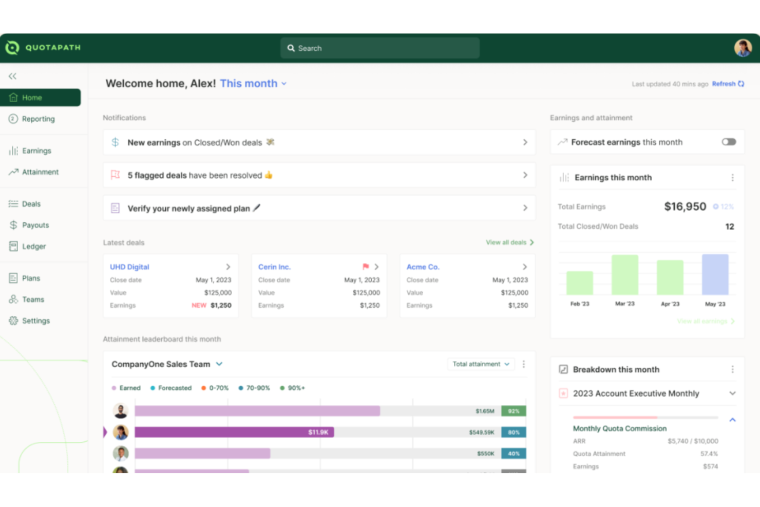 QuotaPath gives your team a clear dashboard to track deals, earnings, and quota progress in real time.