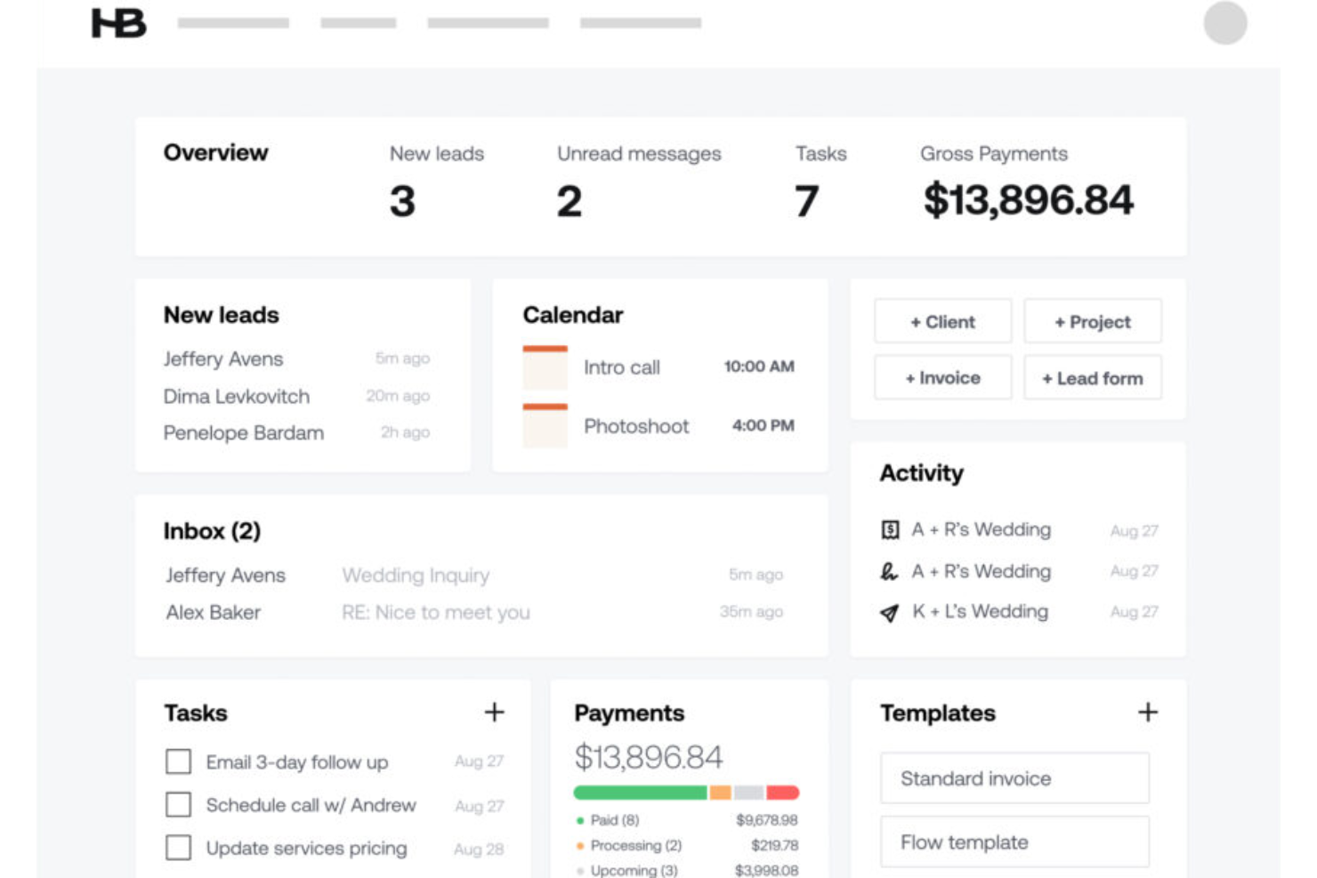 HoneyBook is an all-in-one platform for clients, projects, contracts, payments.