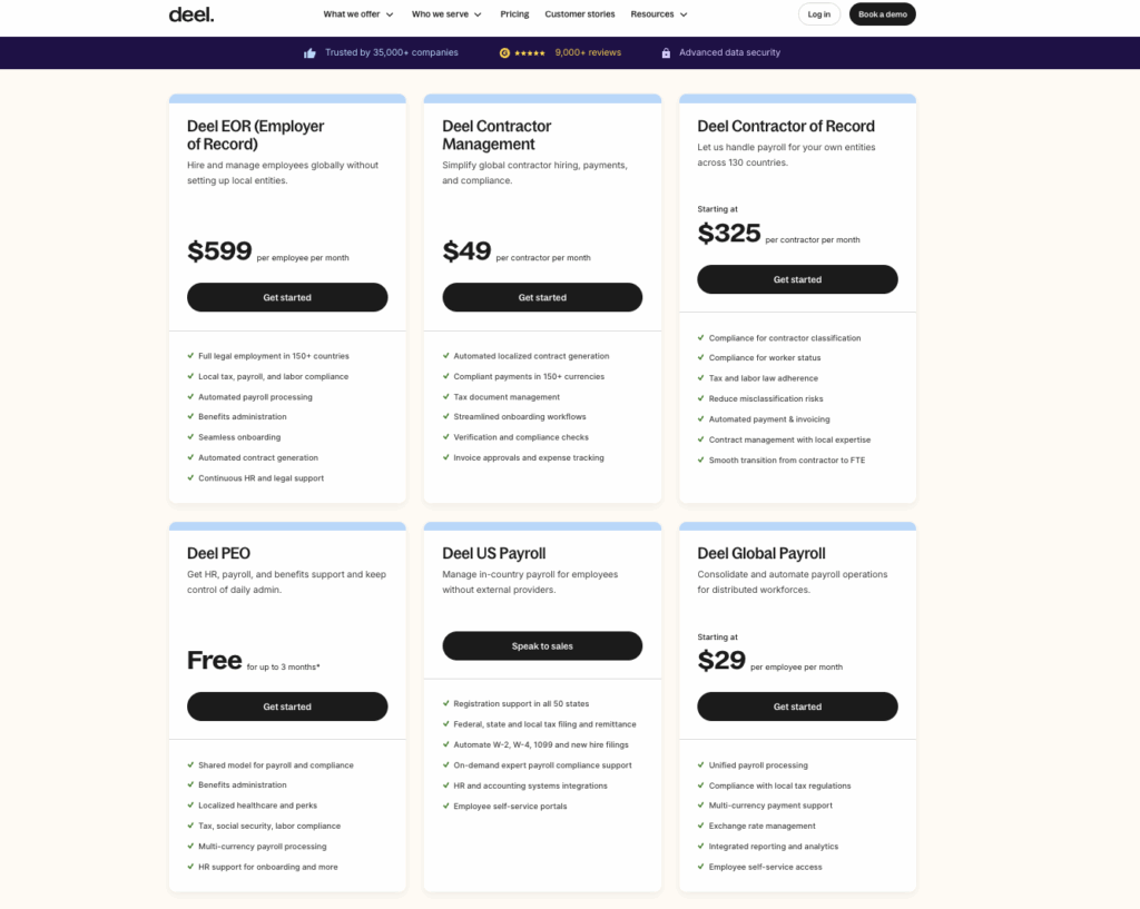 deel pricing plan screenshot