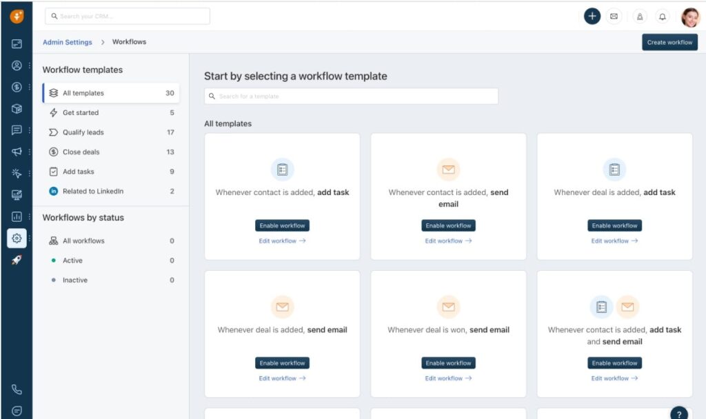 Freshsales software workflow templates view