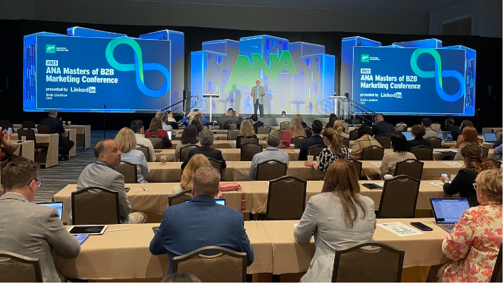 Marketers gather to listen to a keynote speaker at ANA Masters of B2B Marketing Conference