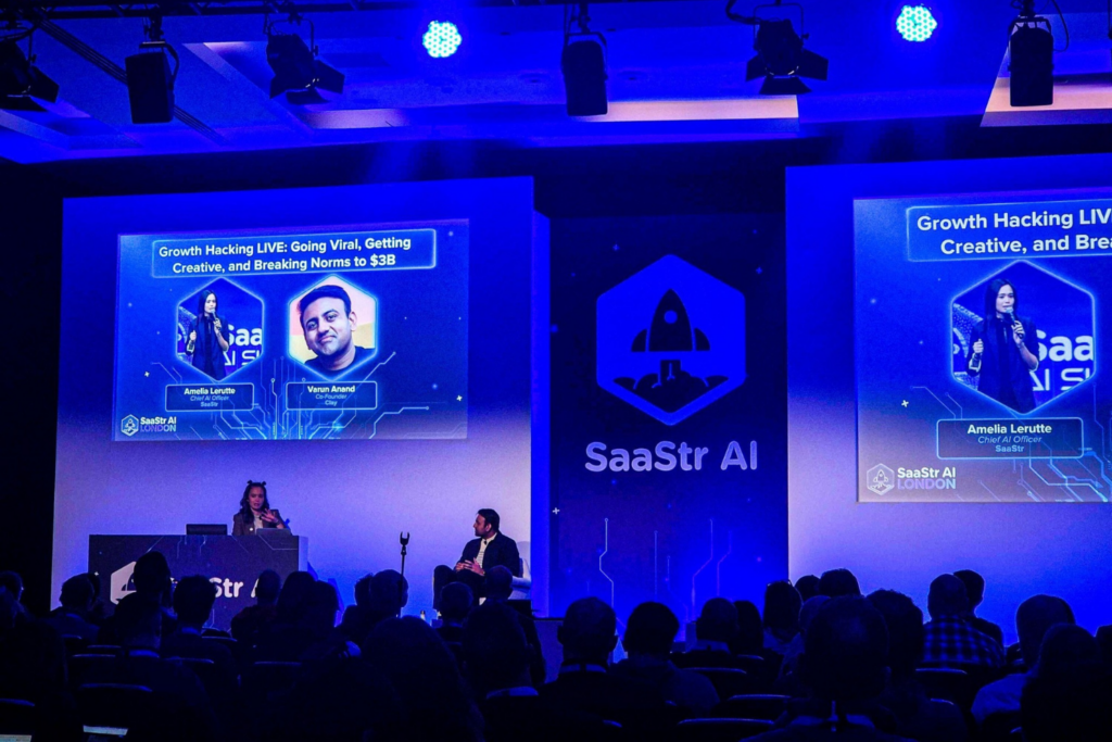 Amelia Lerutte, Chief AI Officered at SaaStr, and Varun Anand, Co-Founder of Clay, shared the stage of the 2025 SaaStr AI London conference