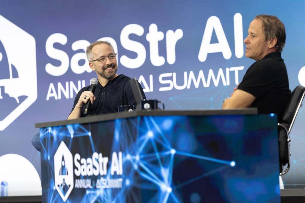 SaaStr CEO Jason M. Lemkin shared the stage with Drew Houston, CEO of Dropbox, at the 2025 SaaStr Annual conference
