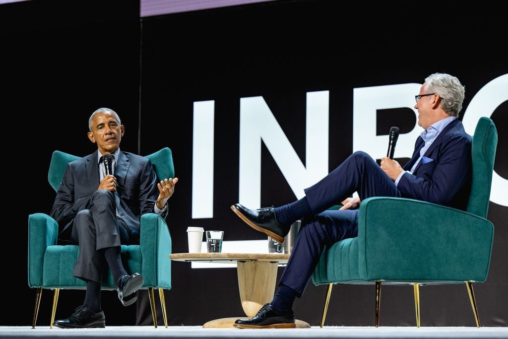 Former U.S. President Barack Obama speaking on stage at INBOUND 2025