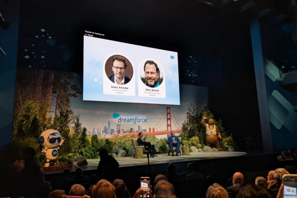 Salesforce Chair, CEO and Co-Founder Marc Benioff, together with Dario Amodei, Co-Founder and CEO of Anthropic, at Dreamforce 2025 conference