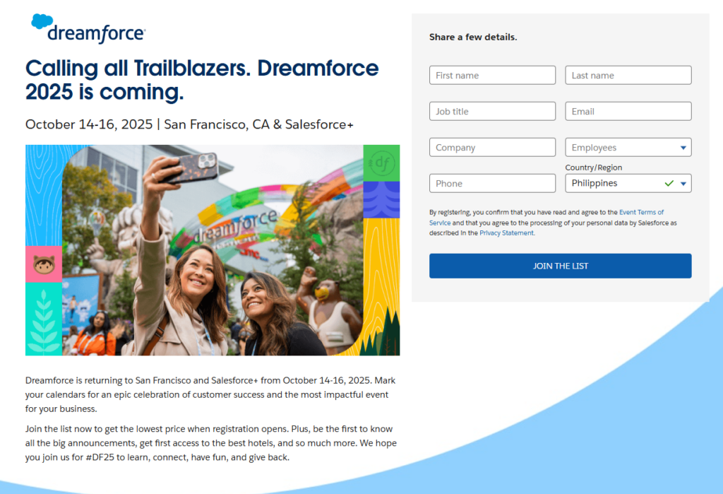 a landing page screenshot of Dreamforce 2025