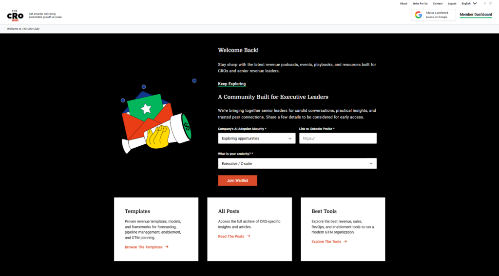 Ledendashboard van The CRO Club met hulpmiddelen en een wachtlijst voor de community