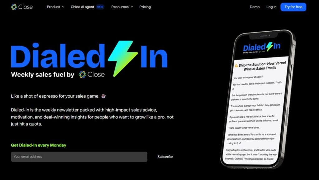 De registratiepagina van de Dialed-In-nieuwsbrief van Close