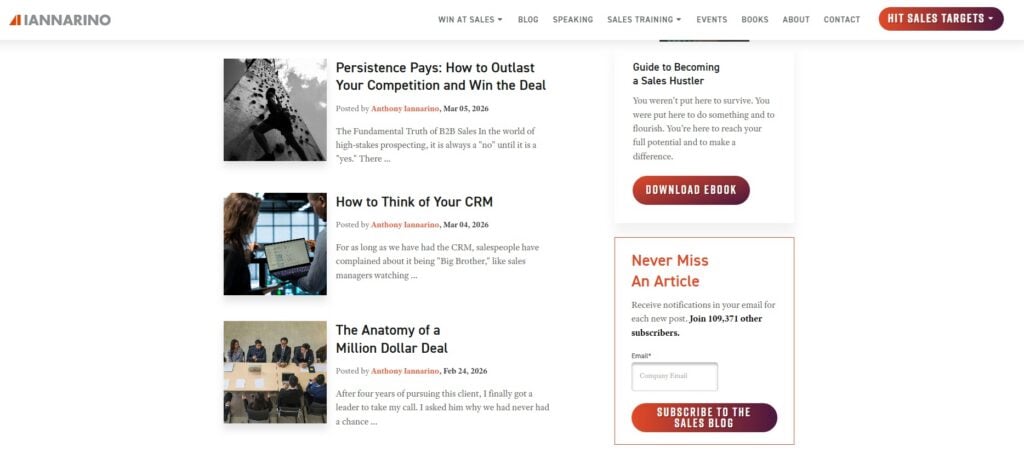 Schermafbeelding van de webpagina van The Sales Blog van Anthony Iannarino's