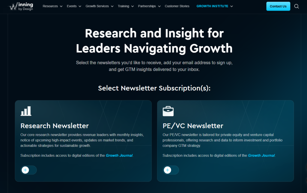 Die Anmeldeseite des Winning-by-Design-Forschungsnewsletters