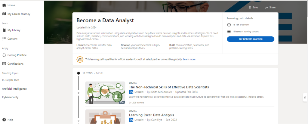 Become a Data analyst course by LinkedIn Learning