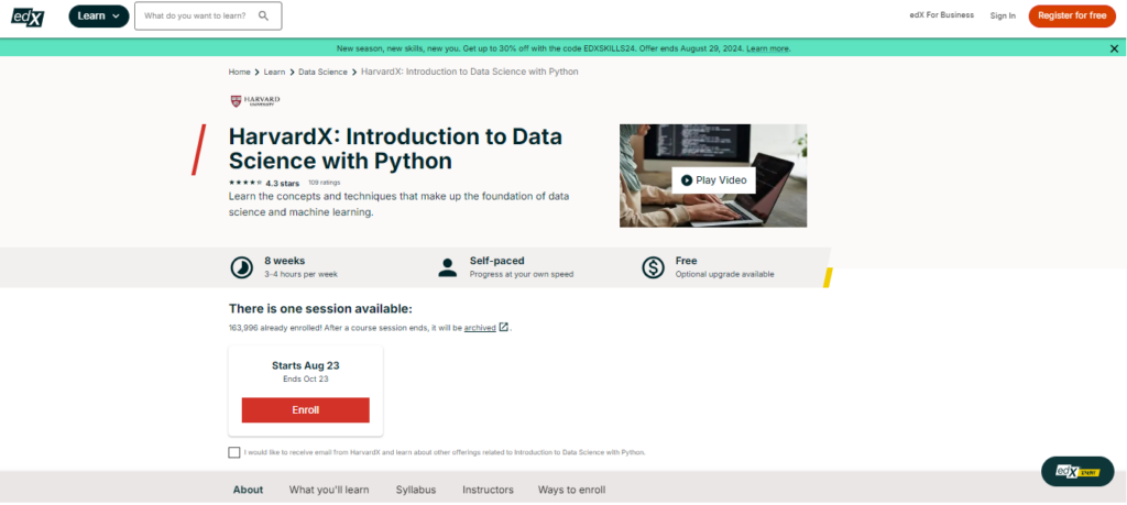 Introduction to Data Science with Python by Harvard University