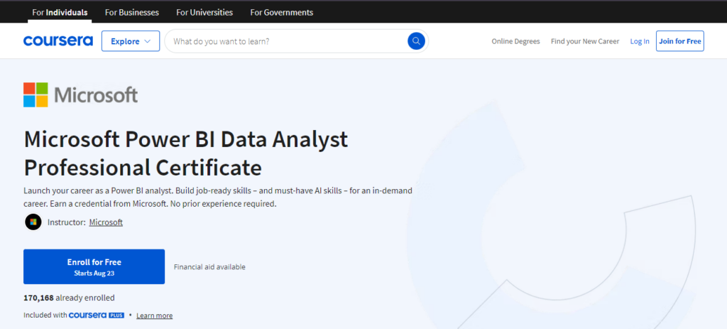 Microsoft Power BI Data Analyst Professional Certificate course landing page