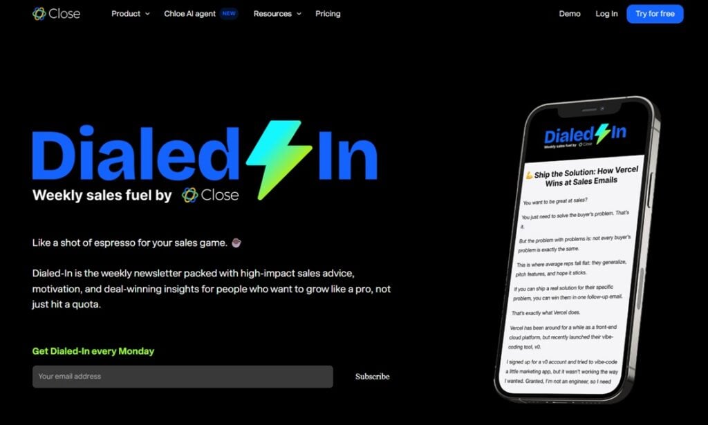 De aanmeldpagina voor de nieuwsbrief Dialed-In by Close