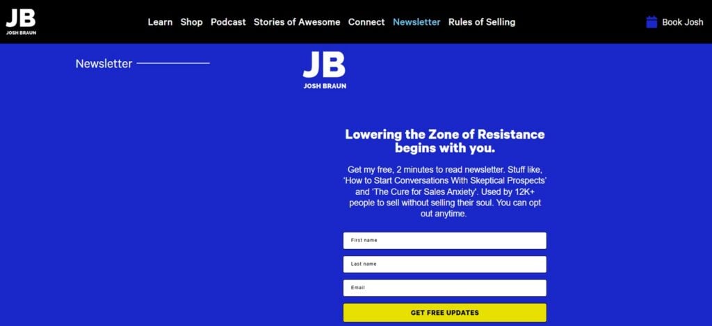 Schermafbeelding van de webpagina van Josh Braun