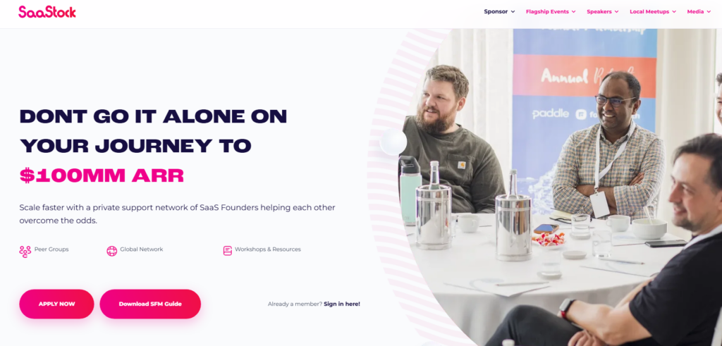 Startpagina van SaaStock waarop een besloten netwerk voor SaaS-oprichters wordt gepromoot met vakgenotenkringen, wereldwijde connecties, workshops, hulpmiddelen en ondersteuning voor groei richting $100M ARR