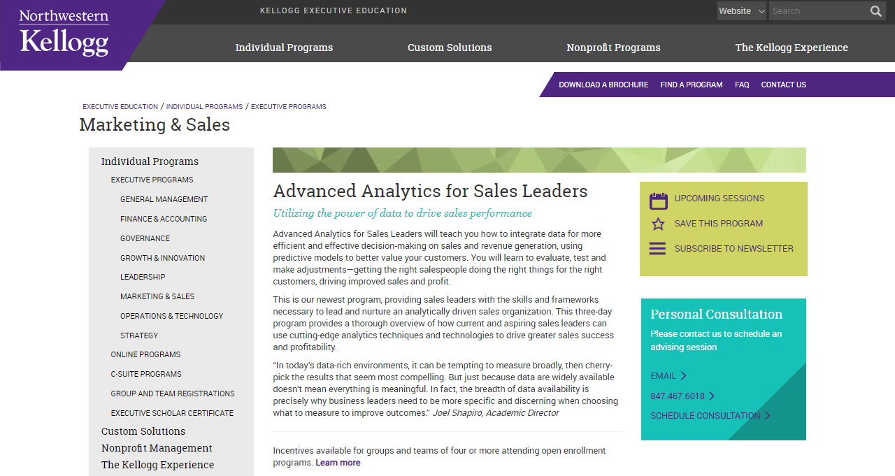 Screenshot of the landing page for the Advanced Analytics for Sales Leaders course