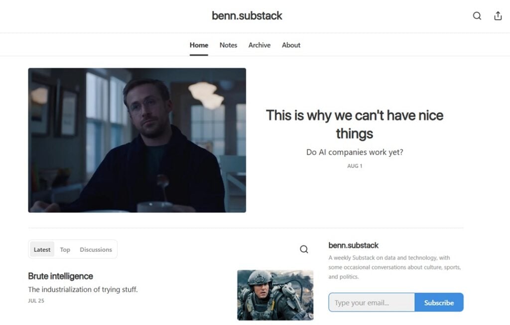 Schermafbeelding van de webpagina van de benn.substack-nieuwsbrief