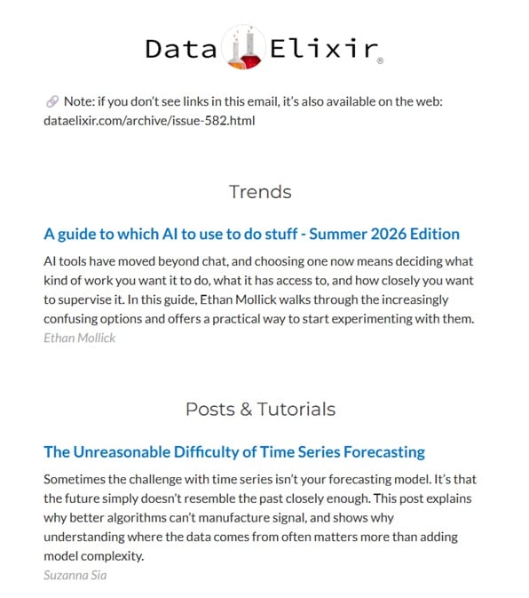 Voorbeeld van een editie van de nieuwsbrief van Data Elixir