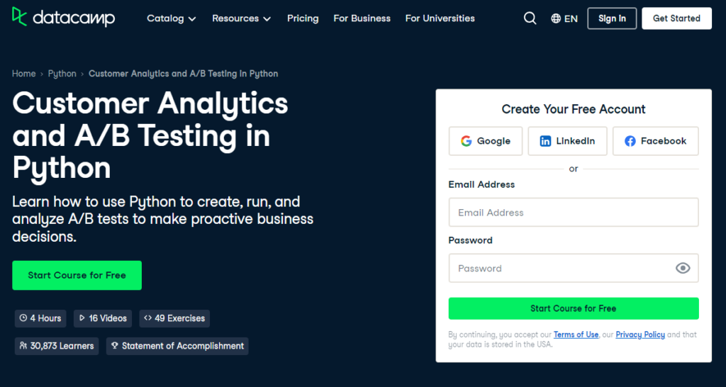 Customer Analytics and A/B Testing in Python website screenshot