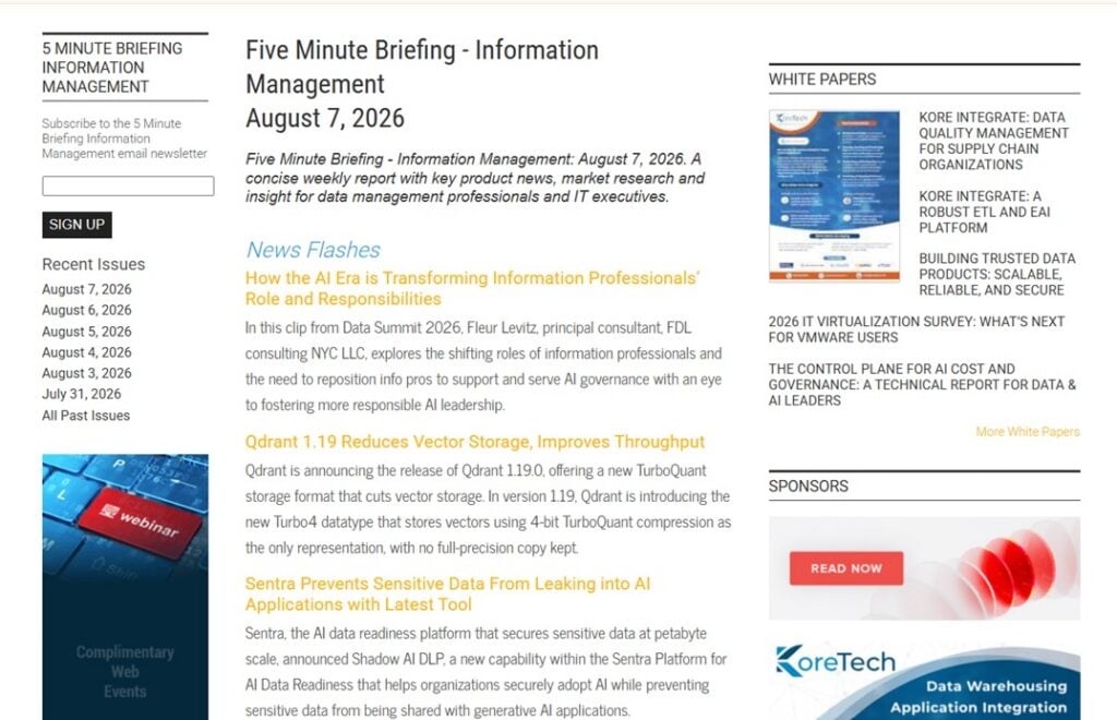 Schermafbeelding van de registratiepagina en de meest recente nieuwsbriefeditie van Briefing van vijf minuten: informatiebeheer