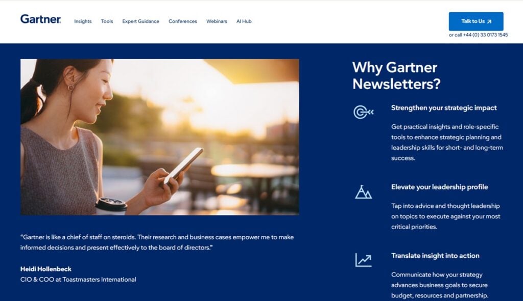 De landingspagina van de Gartner Insights-nieuwsbrief