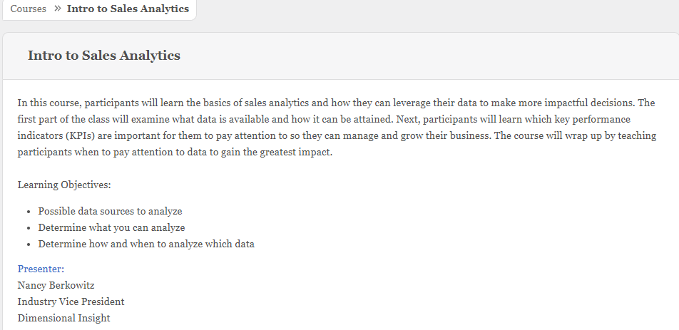 Intro to Sales Analytics course screenshot