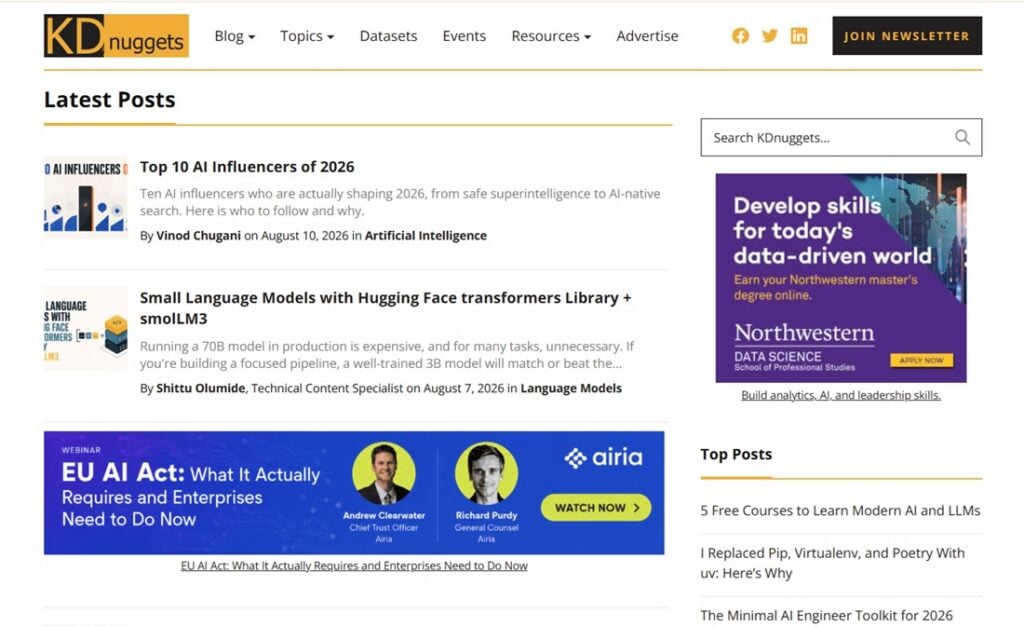 Schermafbeelding van de webpagina van KDnuggets News