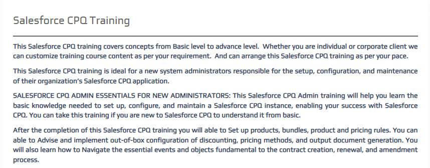 Salesforce CPQ Training website screenshot