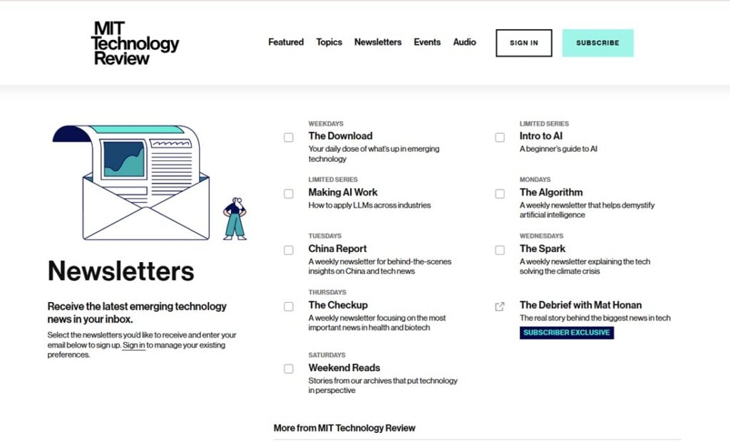 De registratiepagina voor MIT Technology Review-nieuwsbrieven