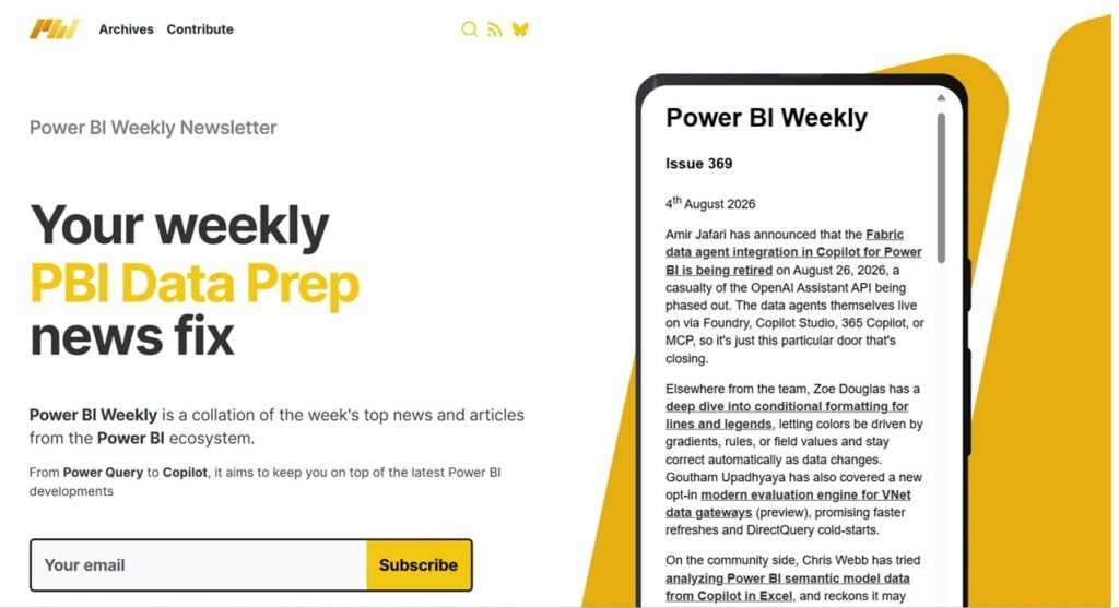De aanmeldpagina en een voorbeeld van de nieuwsbrief Power BI Weekly