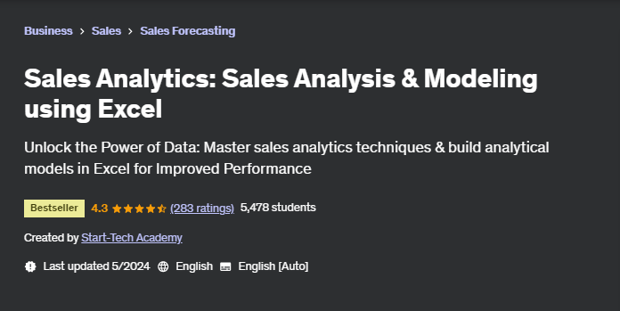 Sales Analytics: Sales Analysis & Modeling using Excel course landing page