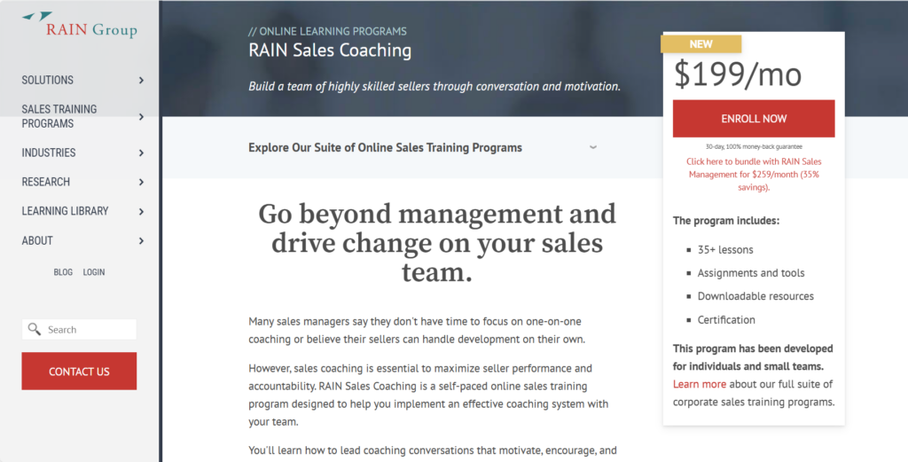 Screenshot of the RAIN Sales Coaching course landing page