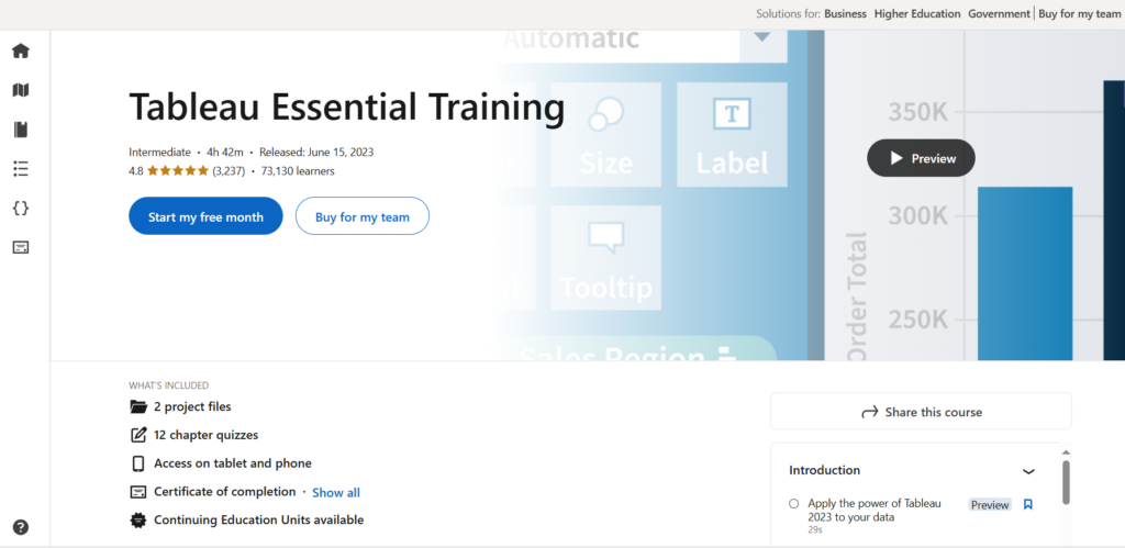 Screenshot of the Tableau Essential Training course page